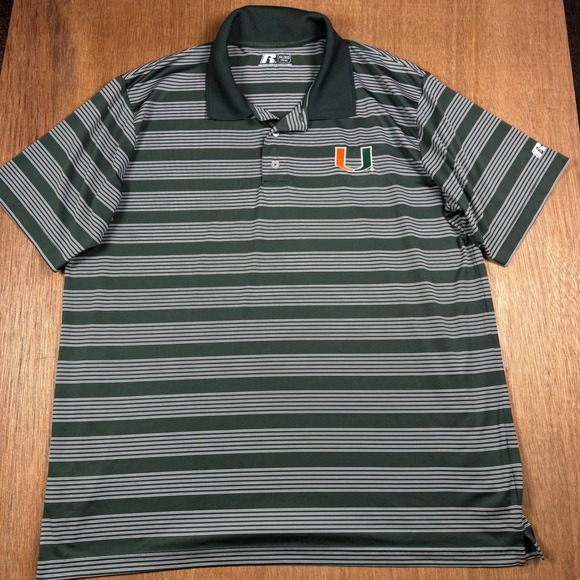 Russell Athletic Other - Russell Athletic Men Green Striped Polo Shirt University of Miami U Logo XL